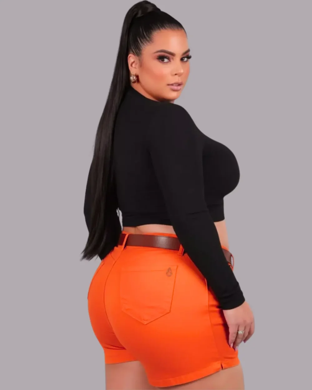 Short Plus Size Laranja Vibrante Sarja Premium Empina Bumbum